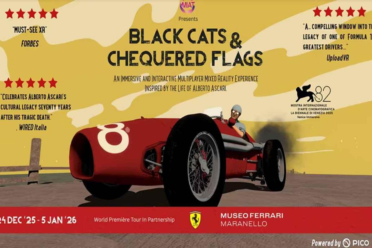 Ascari e il suo legame tra gatti neri e bandiere a scacchi al museo Ferrari di Maranello